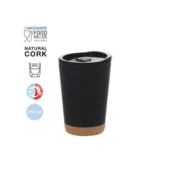 Vaso térmico fabricado en resistente PP reciclado de doble pared, base de corcho y 260 ml de capacidad. Tapa con dosificador de fácil apertura, libre de BPA. Es ideal para tener en tu escritorio, mesa o en cualquier superficie donde disfrutar tranquilamente de tu bebida favorita. El PP reciclado es un plástico reciclado y altamente reciclable, de gran resistencia y apto para multitud de aplicaciones.Con certificación Food Grade, garantizando la seguridad cuando los alimentos entran en contacto con el material usado para fabricar el producto.Elaborado con elementos vegetales para así fomentar la utilización de materias primas naturales y reducir las emisiones contaminantes.