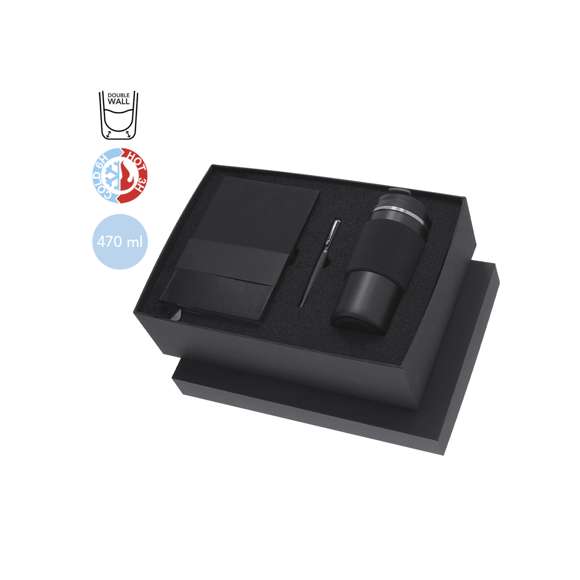 Elegante set premium. Incluye: - Vaso térmico fabricado en acero inoxidable de doble pared con capacidad de 470 ml. Con un dosificador en tapadera, libre de BPA, sistema de apertura abre fácil, banda de silicona a juego y base antideslizante. - Bloc de notas con tapas blandas fabricado en elegante PU color negro. Su diseño combina texturas lisas y biseladas. Incluye marcapáginas de tela con accesorio metálico especial para marcaje en láser. Interior con 100 hojas en color crema, de disposición a una raya y bordes en negro. - Roller de acabado negro mate con detalles metálicos en color plata. De cuerpo biselado, con cierre de capucha, clip y tinta azul. Cuenta con cómodo agarre en metal pulido.Presentado en sosfisticado estuche individual de acabado mate, con interior troquelado para cada uno de los elementos del set.
