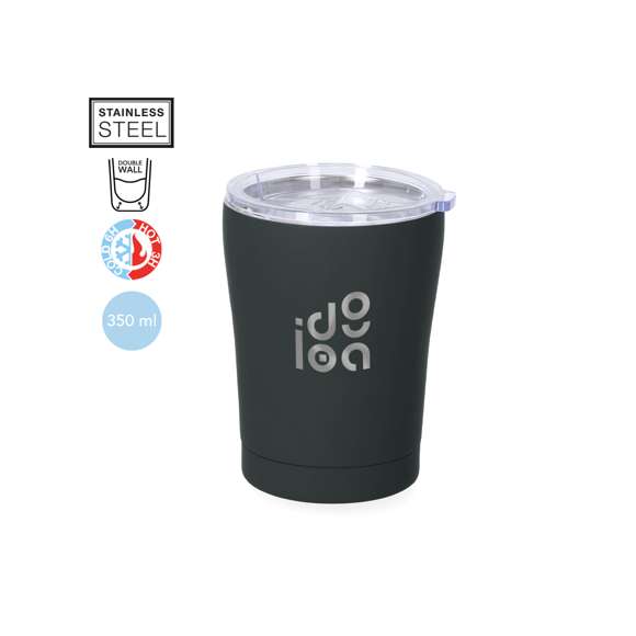 Vaso térmico fabricado en acero inox de doble pared y 350 ml de capacidad. Exterior en acabado caucho de acabado mate, especialmente diseñado para marcaje láser. Incluye tapa de cierre a presión transparente, con dosificador y de fácil apertura, libre de BPA. Es ideal para tener en tu escritorio, mesa o en cualquier superficie donde disfrutar tranquilamente de tu bebida favorita.