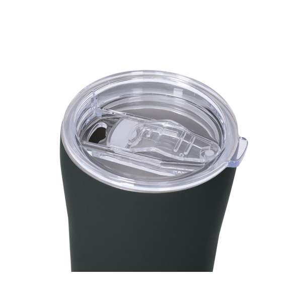 Vaso térmico fabricado en acero inox de doble pared y 350 ml de capacidad. Exterior en acabado caucho de acabado mate, especialmente diseñado para marcaje láser. Incluye tapa de cierre a presión transparente, con dosificador y de fácil apertura, libre de BPA. Es ideal para tener en tu escritorio, mesa o en cualquier superficie donde disfrutar tranquilamente de tu bebida favorita.