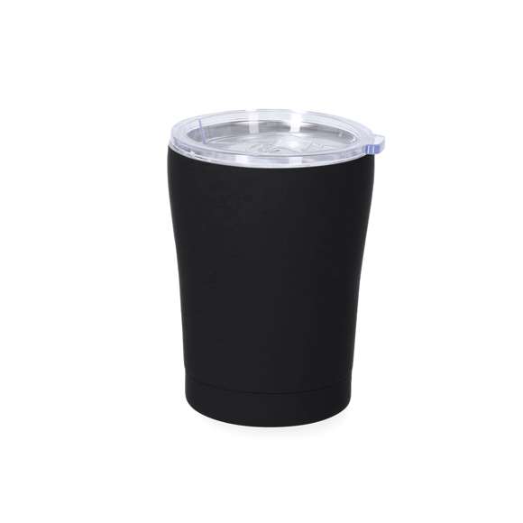 Vaso térmico fabricado en acero inox de doble pared y 350 ml de capacidad. Exterior en acabado caucho de acabado mate, especialmente diseñado para marcaje láser. Incluye tapa de cierre a presión transparente, con dosificador y de fácil apertura, libre de BPA. Es ideal para tener en tu escritorio, mesa o en cualquier superficie donde disfrutar tranquilamente de tu bebida favorita.