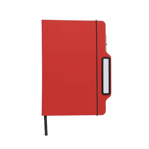 Bloc de notas soporte fabricado en suave PU. Con tapas rígidas,cuenta con soporte para smartphone en portada. Incluye bolígrafo de escritura eterna en color blanco. Con 80 hojas interiores lisas de color crema, elástico de cierre negro y marcapáginas a juego.