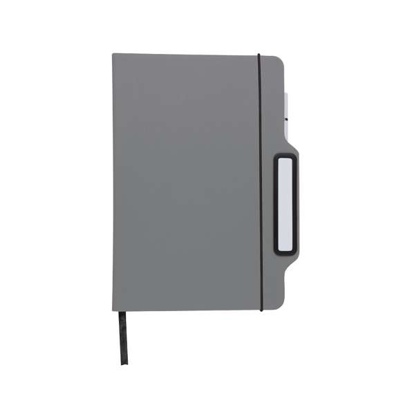 Bloc de notas soporte fabricado en suave PU. Con tapas rígidas,cuenta con soporte para smartphone en portada. Incluye bolígrafo de escritura eterna en color blanco. Con 80 hojas interiores lisas de color crema, elástico de cierre negro y marcapáginas a juego.