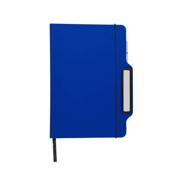 Bloc de notas soporte fabricado en suave PU. Con tapas rígidas,cuenta con soporte para smartphone en portada. Incluye bolígrafo de escritura eterna en color blanco. Con 80 hojas interiores lisas de color crema, elástico de cierre negro y marcapáginas a juego.