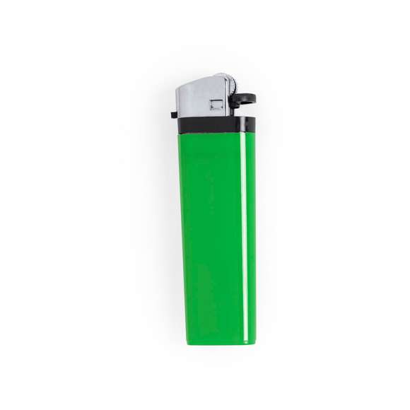 Encendedor a gas de mecanismo de piedra. Con protección infantil y regulador de llama. Disponible en variada gama de colores de acabado sólido. Servidos en bandejas de 50 unidades del mismo color.