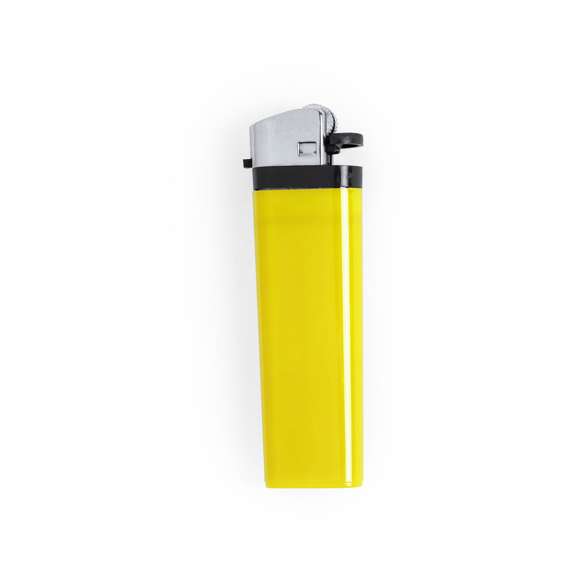Encendedor a gas de mecanismo de piedra. Con protección infantil y regulador de llama. Disponible en variada gama de colores de acabado sólido. Servidos en bandejas de 50 unidades del mismo color.