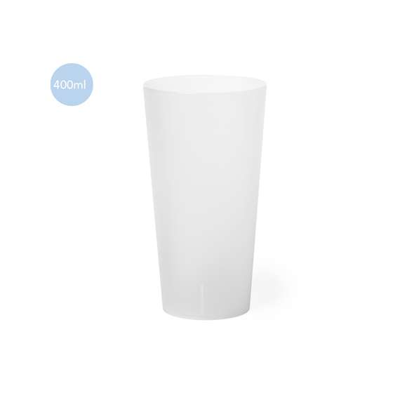 Vaso de PP de 400 ml, libre de BPA. Eco-reutilizable y de acabado frosted.Disponible manual de instrucciones en español e inglés.