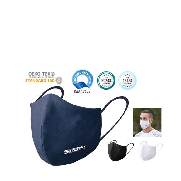 Mascarilla higiénica reutilizable. Fabricada en algodón y poliéster.  Capa exterior en algodón/poliéster. Forro interior 100% algodón.  Materiales con tecnología HeiQ Viroblock NPJ03, tratamiento con alta efectividad probada neutralizadora de bacterias y gérmenes. Con costura frontal ergonómica para un cómodo ajuste y confortables cintas elásticas para las orejas en tejido hipoalergénico, con certificación OEKO-TEX Clase I. Presentación en bolsa individual.  Libre de Grafeno.  Para uso personal en adultos.  Analizada y fabricada de acuerdo al estándar europeo UNE-CWA 17553:2020. Propiedades del tratamiento analizadas según ISO 20743: Determinación de la actividad antibacteriana de los productos Textiles e ISO 18184: Determinación de la actividad antiviral de los productos Textiles.  Aditivo HeiQ Viroblock NPJ03, certificado como seguro y sostenible, con todos sus componentes de grado cosmético, base biológica y reciclados  Eficacia de filtración bacteriana: ≥ 90%. Altamente resistente. Se aconseja lavar a 60ºC.