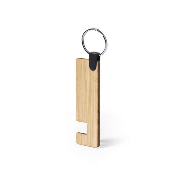 Llavero soporte para smartphone y tablet de línea nature, hecho en bambú procedente de cortes naturales. De fabricación europea.