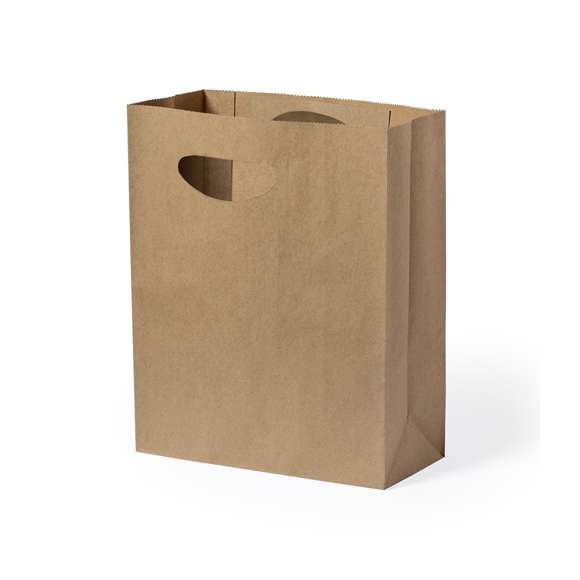 Bolsa ligera de línea nature fabricada en papel reciclado de 80g/m2. Con original asa troquelada y fuelle.