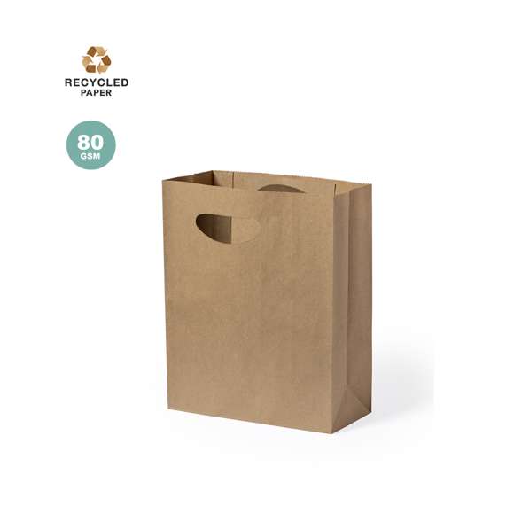 Bolsa ligera de línea nature fabricada en papel reciclado de 80g/m2. Con original asa troquelada y fuelle.