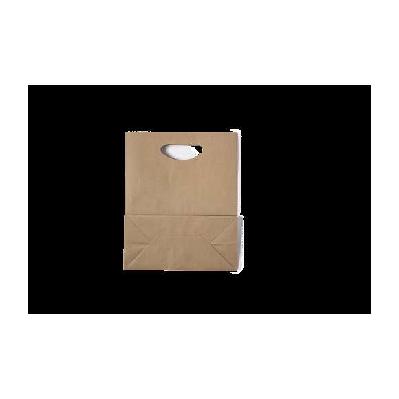 Bolsa ligera de línea nature fabricada en papel reciclado de 80g/m2. Con original asa troquelada y fuelle.