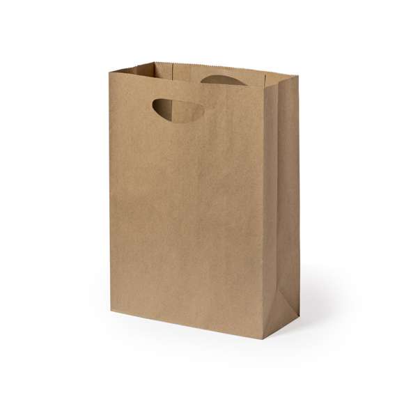 Bolsa ligera de línea nature fabricada en papel reciclado de 80g/m2. Con original asa troquelada y fuelle.
