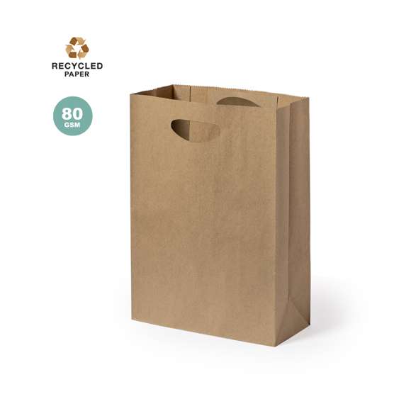 Bolsa ligera de línea nature fabricada en papel reciclado de 80g/m2. Con original asa troquelada y fuelle.