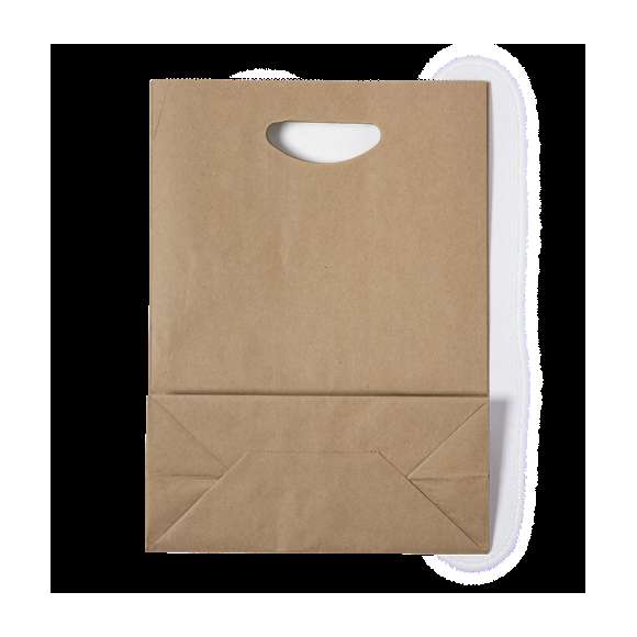 Bolsa ligera de línea nature fabricada en papel reciclado de 80g/m2. Con original asa troquelada y fuelle.