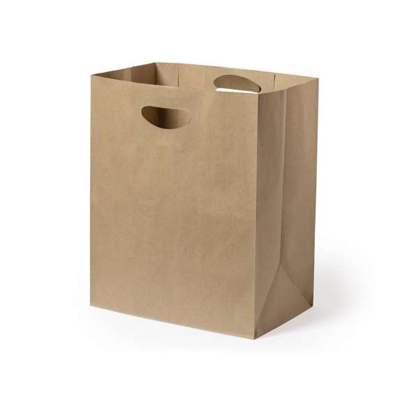 Bolsa ligera de línea nature fabricada en papel reciclado de 80g/m2. Con original asa troquelada y fuelle.