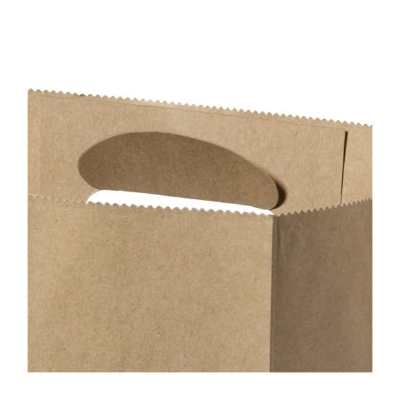 Bolsa ligera de línea nature fabricada en papel reciclado de 80g/m2. Con original asa troquelada y fuelle.