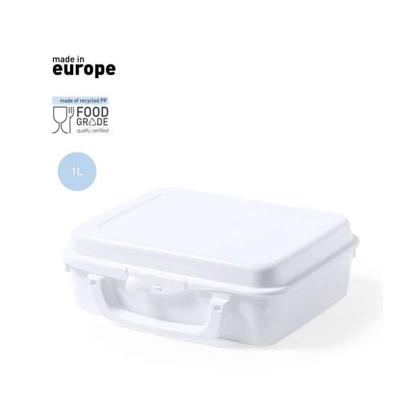  	Fiambrera de 1L de capacidad, hecha en PP de color blanco. De fabricación europea y con certificación Food Grade, garantizando la seguridad cuando los alimentos entran en contacto con el material usado para fabricar el producto. Formato cuadrado, con práctica asa de transporte y cierre de seguridad.