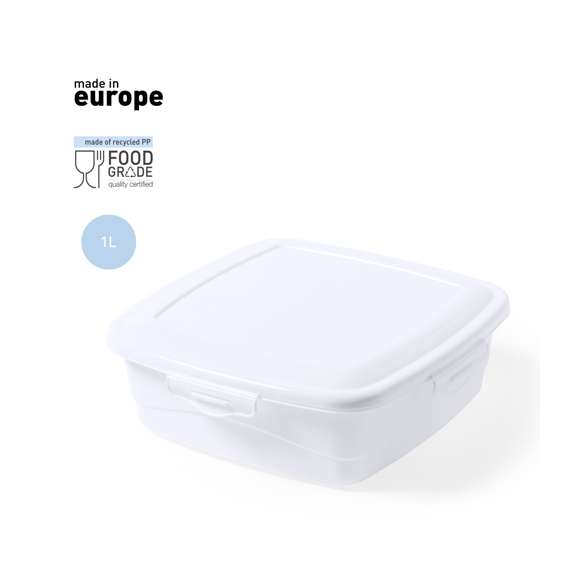  	Fiambrera de 1L de capacidad, hecha en PP de color blanco. De fabricación europea y con certificación Food Grade, garantizando la seguridad cuando los alimentos entran en contacto con el material usado para fabricar el producto. Formato cuadrado, con cierre de seguridad en todos sus lados.