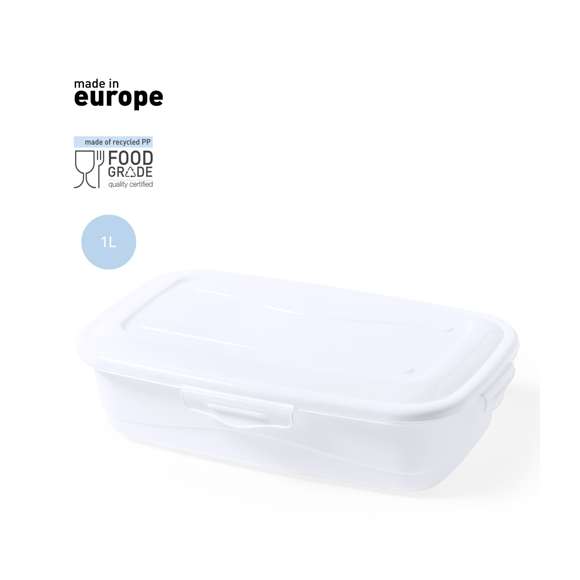  	Fiambrera de 1L de capacidad, hecha en PP de color blanco. De fabricación europea y con certificación Food Grade, garantizando la seguridad cuando los alimentos entran en contacto con el material usado para fabricar el producto. Formato rectangular, con cierre de seguridad en todos sus lados.