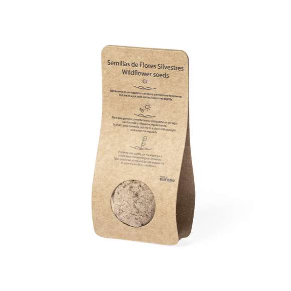 Bombón de semillas, presentado en estuche de cartón reciclado con instrucciones de plantado y distintivo Made in Europe. Flores silvestres en colores surtidos.