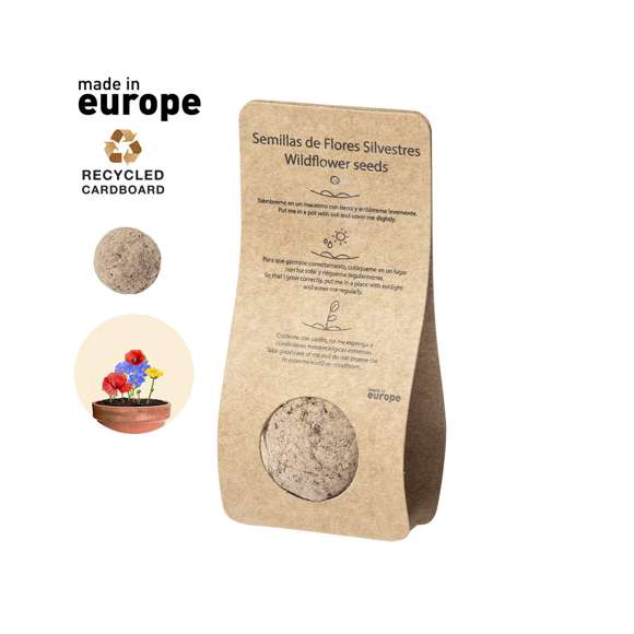 Bombón de semillas, presentado en estuche de cartón reciclado con instrucciones de plantado y distintivo Made in Europe. Flores silvestres en colores surtidos.