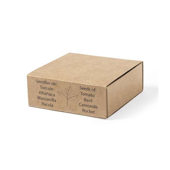Kit huerto con semillas de tomate, albahaca, rúcula y manzanilla. Presentado en estuche de cartón reciclado con instruciones de plantado, distintivo Made in Europe y con 4 compartimentos independientes.