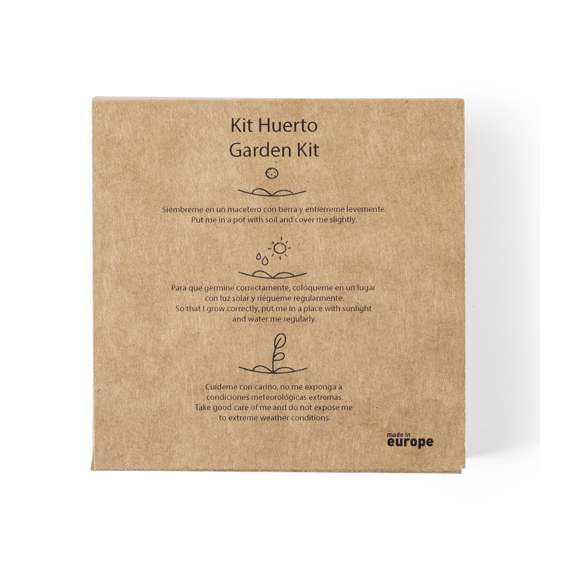 Kit huerto con semillas de tomate, albahaca, rúcula y manzanilla. Presentado en estuche de cartón reciclado con instruciones de plantado, distintivo Made in Europe y con 4 compartimentos independientes.
