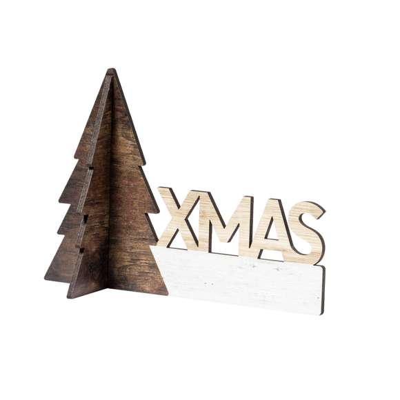 Adorno navideño con diseño árbol de navidad, fabricado en madera natural, con texto XMAS troquelado y de original acabado bicolor. Amplia superficie de marcaje, fácil montaje y distintivo Made In Europe.
