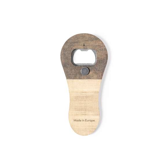  	Abridor magnético fabricado en madera natural y de original acabado bicolor. Con mecanismo de apertura metálico, amplia superficie de marcaje y distintivo Made In Europe.