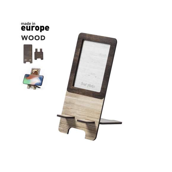 	Soporte para smartphone con portafotos integrado. Fabricado en madera natural, con original acabado bicolor. Amplia superficie de marcaje, de fácil montaje y con distintivo Made In Europe.