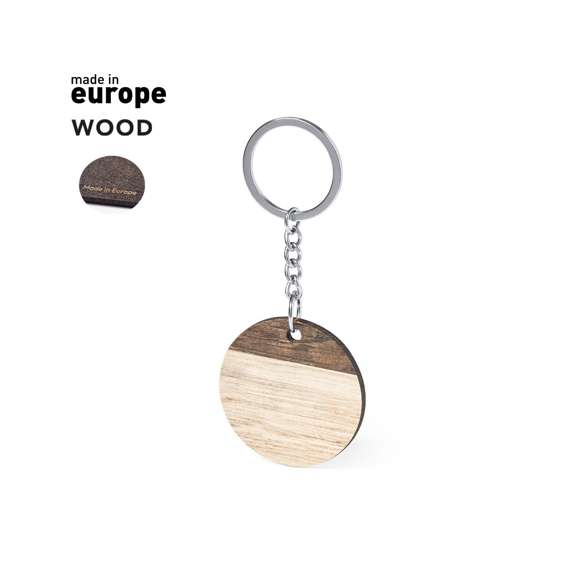 Llavero redondo, fabricado en madera natural y de original acabado bicolor. Amplia superficie de marcaje, con anilla y cadena metálicas y distintivo Made In Europe.