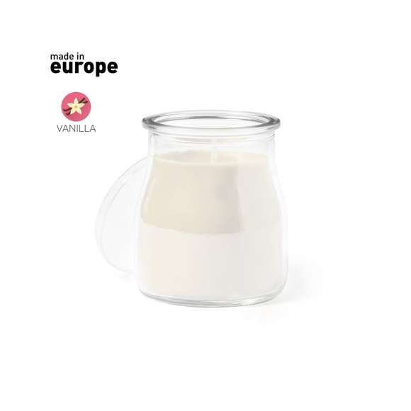  	Vela aromática en tarro de cristal, disponible en aromas variados: blanco vainilla  rojo frutas del bosque  azul océano y verde musgo. Con distintivo Made In Europe.