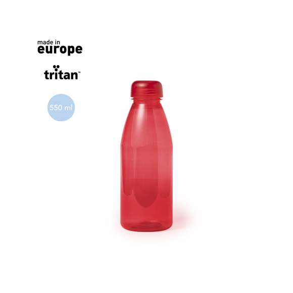 Botella de 550 ml de capacidad en material tritán, resistente al calor y libre de BPA. Con tapón a rosca de seguridad y disponible en variada gama de colores, con distintivo Made In Europe.