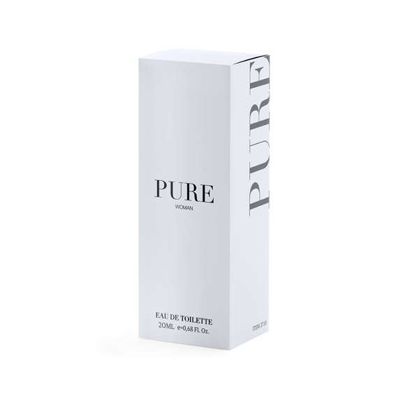 Eau de toilette para mujer Pure. Una mezcla perfecta de notas dulces que resaltan la silueta moderna de la composición y aportan un toque envolvente. En spray de 20 ml rellenable y con tapón transparente. Presentado en caja de diseño premium.