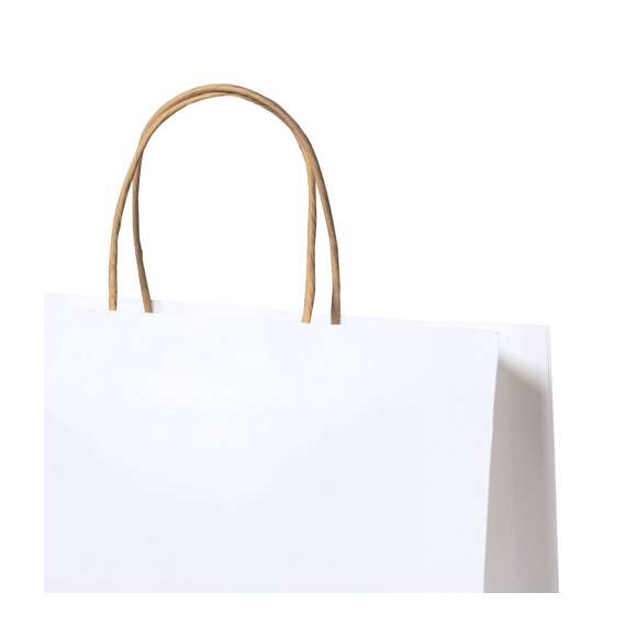 Bolsa de línea nature, fabricada en papel reciclado acabado en blanco de 100g/m2, con asas cortas reforzadas en tono natural y fuelle. Resistencia hasta 8 kg de peso.