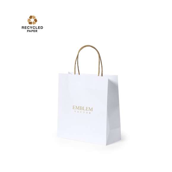 Bolsa de línea nature, fabricada en papel reciclado acabado en blanco de 100g/m2, con asas cortas reforzadas en tono natural y fuelle. Resistencia hasta 6 kg de peso.