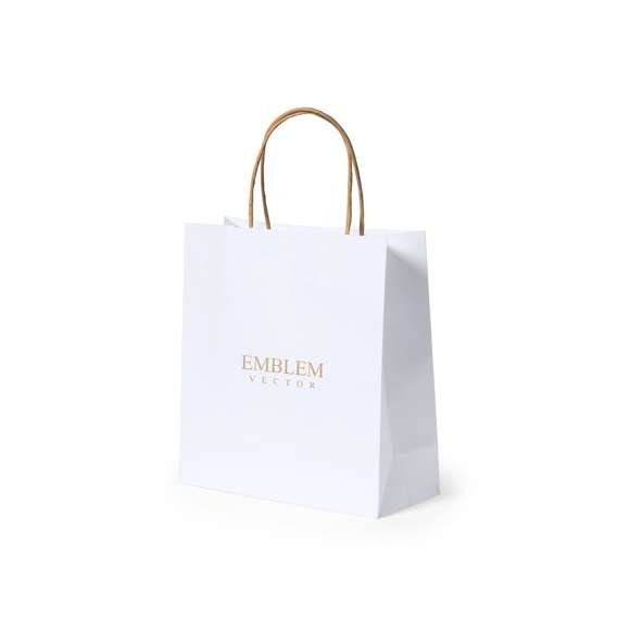Bolsa de línea nature, fabricada en papel reciclado acabado en blanco de 100g/m2, con asas cortas reforzadas en tono natural y fuelle. Resistencia hasta 6 kg de peso.