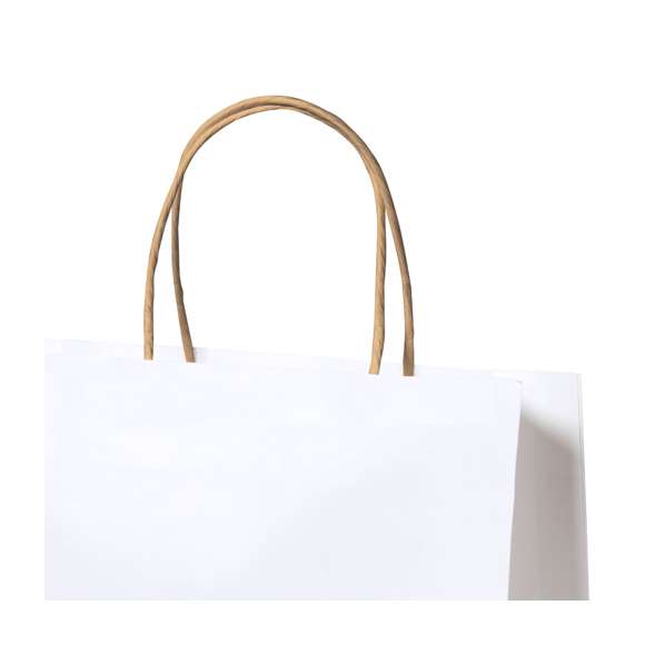Bolsa de línea nature, fabricada en papel reciclado acabado en blanco de 100g/m2, con asas cortas reforzadas en tono natural y fuelle. Resistencia hasta 6 kg de peso.