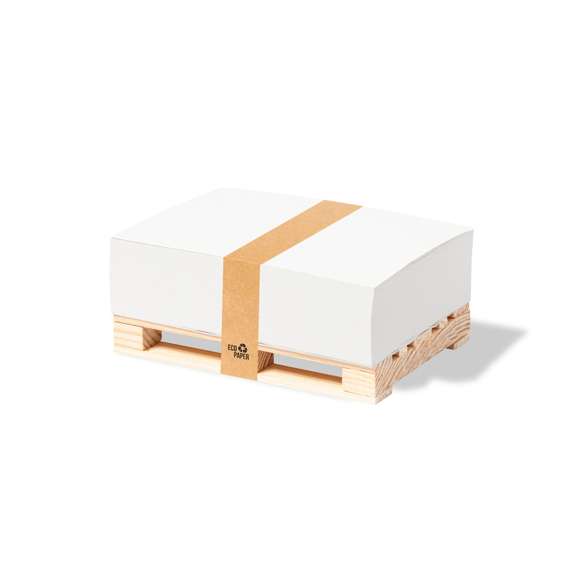  	Original portanotas palet fabricado en madera natural. Incluye 300 hojas en papel eco y fajín en papel kraft con distintivo EcoPaper.
