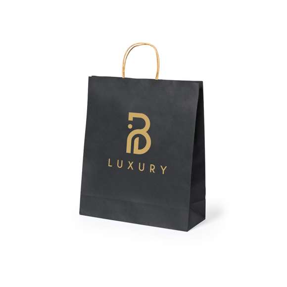 Bolsa de línea nature, fabricada en papel reciclado acabado en negro de 100g/m2, con asas cortas reforzadas en tono natural y fuelle. Resistencia hasta 8 kg de peso.