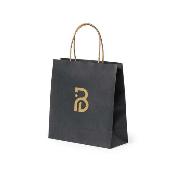 Bolsa de línea nature, fabricada en papel reciclado acabado en negro de 100g/m2, con asas cortas reforzadas en tono natural y fuelle. Resistencia hasta 6 kg de peso.