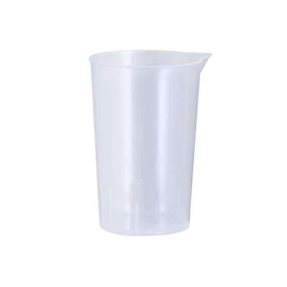 Vaso medidor de 250 ml fabricado en resistente PP transparente. Con medidor lateral en tramos de 10 ml y vertedor en el borde para evitar derrames.
