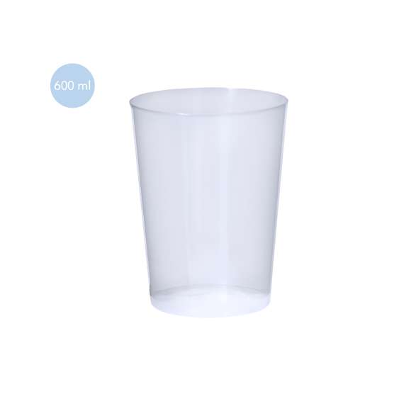 Vaso de 600 ml de capacidad en resistente y flexible material PP. Reutilizable y en acabado translúcido.