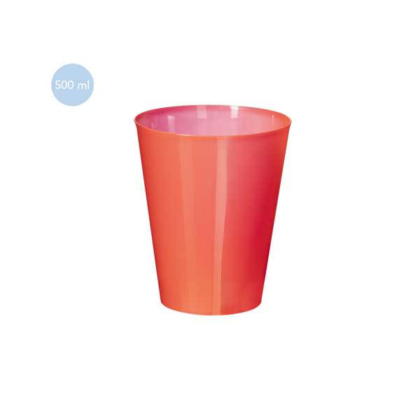 Vaso de 500 ml de capacidad en resistente y flexible material PP. Reutilizable y en variados colores translúcidos.