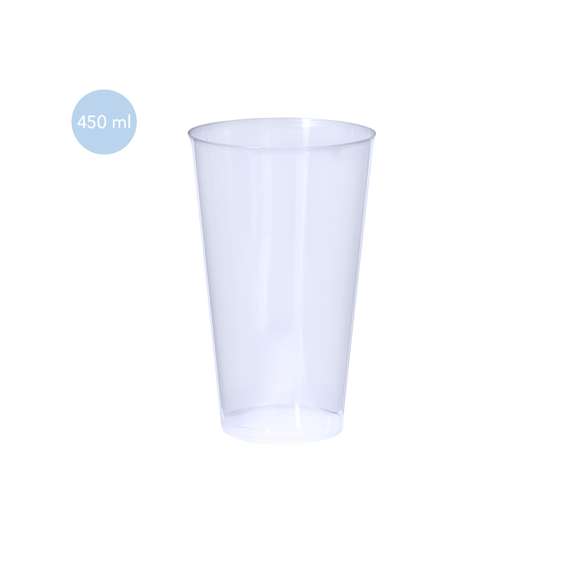 Vaso de 450 ml de capacidad en resistente y flexible material PP. Reutilizable y en acabado translúcido.