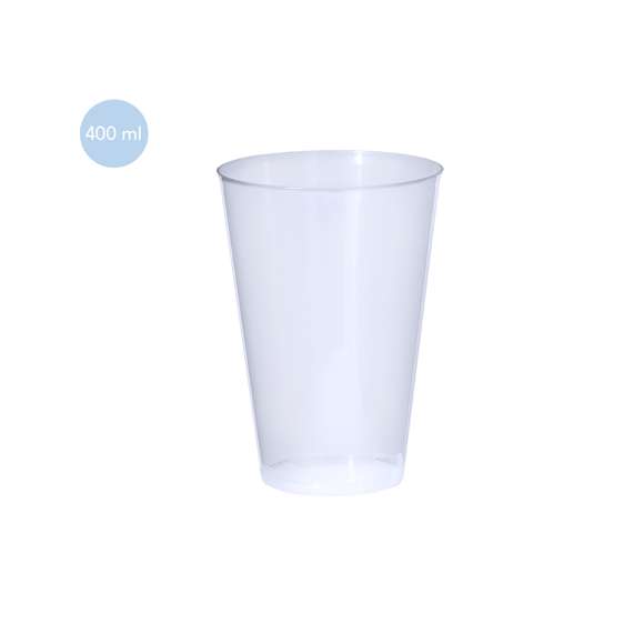 Vaso de 400 ml de capacidad en resistente y flexible material PP. Reutilizable y en acabado translúcido.