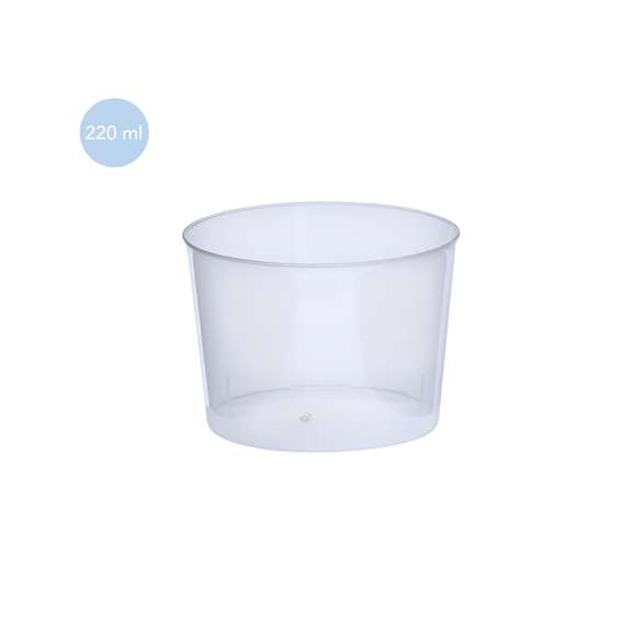 Vaso de 210 ml de capacidad en resistente y flexible material PP. Reutilizable y en acabado translúcido.