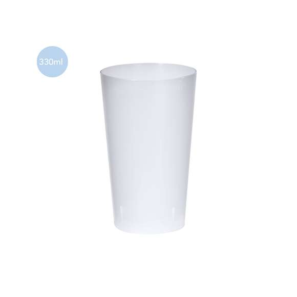 Vaso de 330 ml de capacidad en resistente y flexible material PP. Reutilizable y en acabado translúcido.