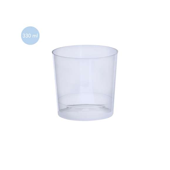 Vaso de 330 ml de capacidad en resistente y flexible material PP. Reutilizable y en acabado translúcido.